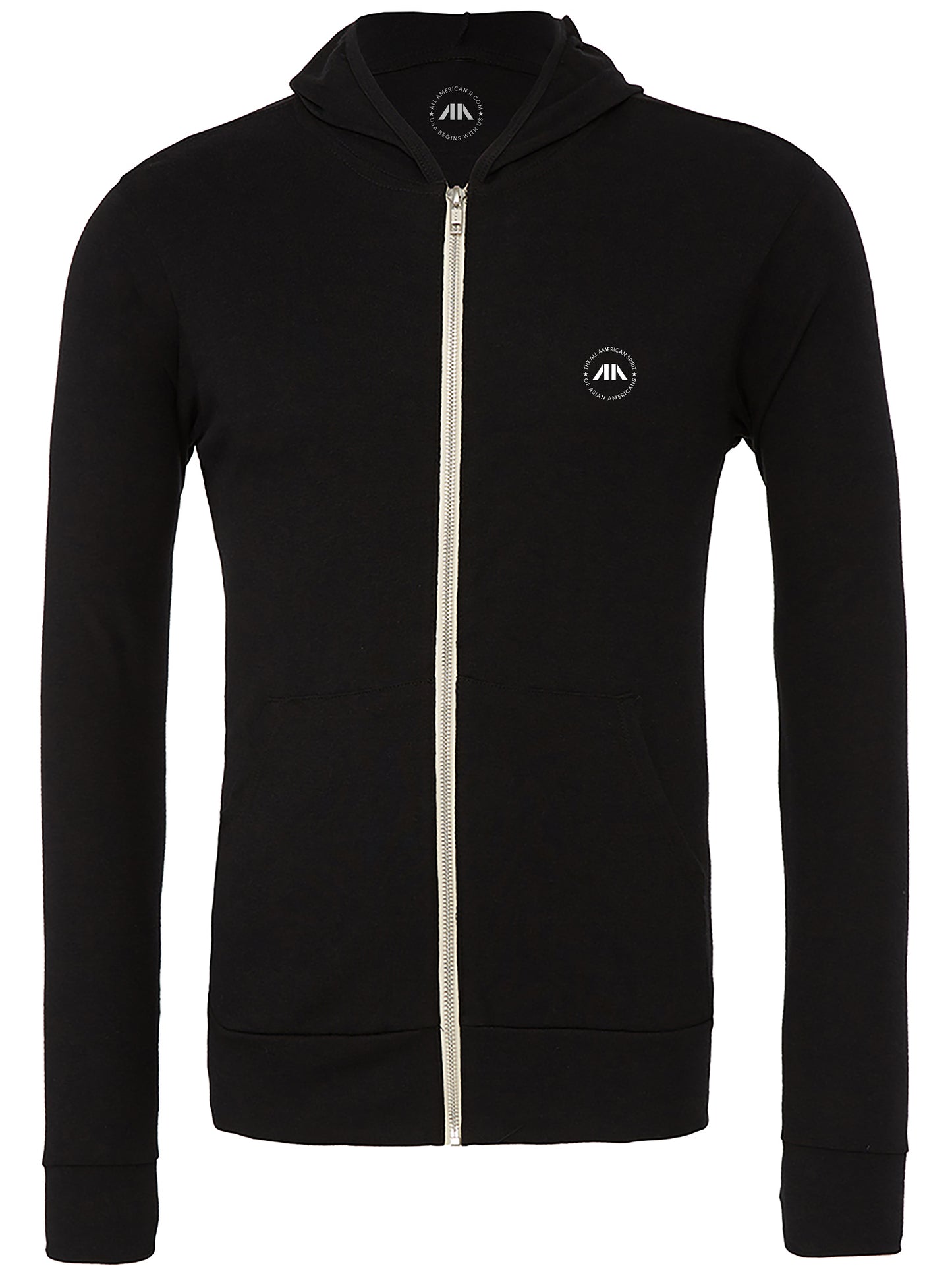 USA Begins with US Unisex Tri-Blend Zipped Lightweight Hoodie - Solid Black